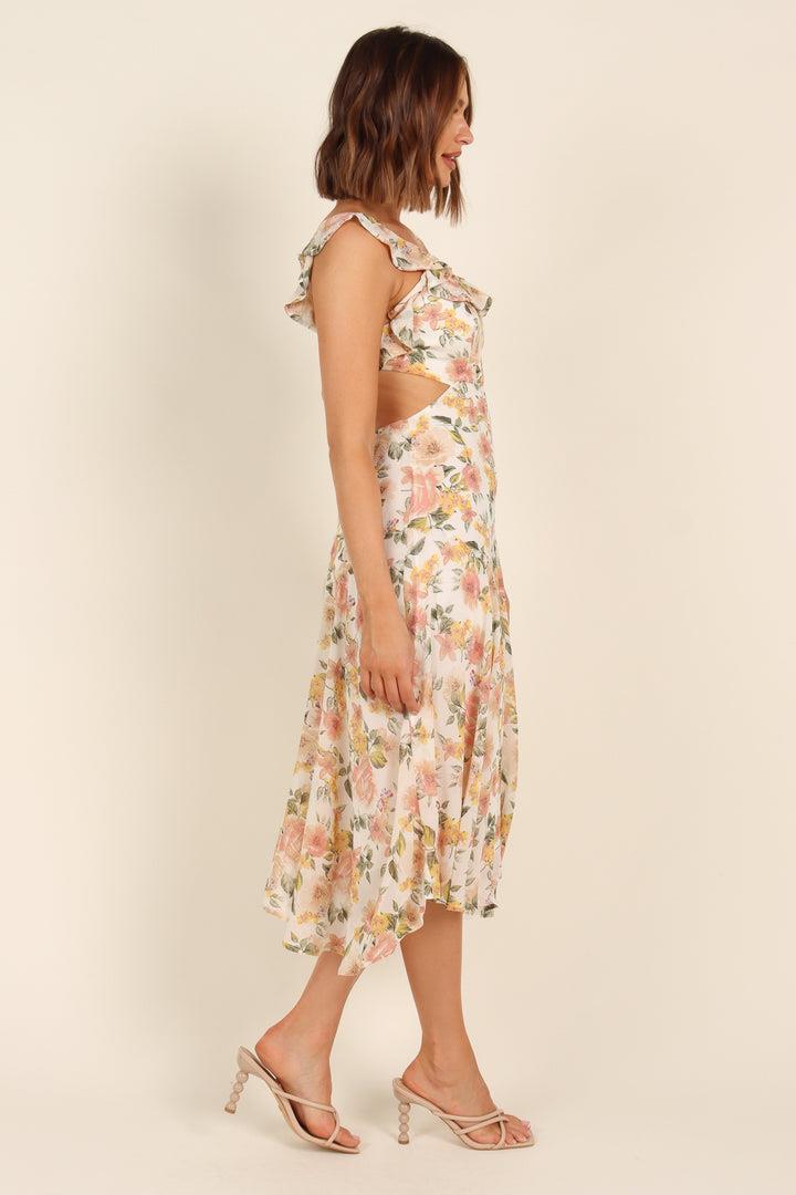 Pauline Laurent® | Robe midi évasée à volants noués