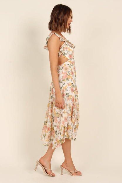Pauline Laurent® | Robe midi évasée à volants noués