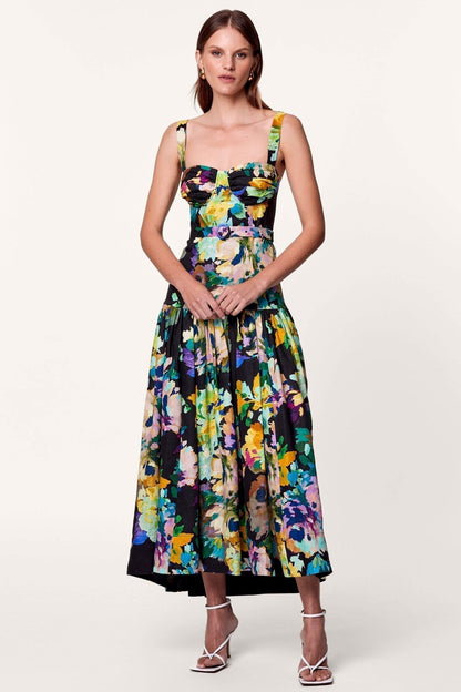 Pauline Laurent® | Robe maxi évasée imprimée avec ceinture