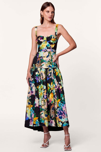 Pauline Laurent® | Robe maxi évasée imprimée avec ceinture