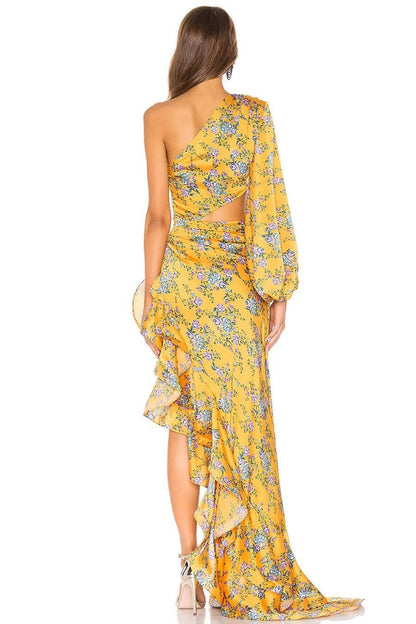 Pauline Laurent® | Robe longue asymétrique imprimée avec volants