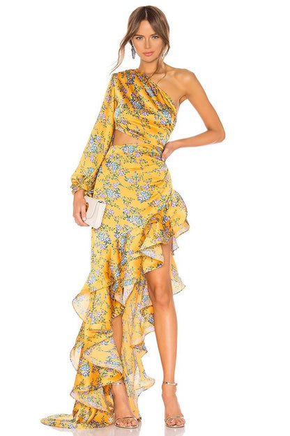 Pauline Laurent® | Robe longue asymétrique imprimée avec volants
