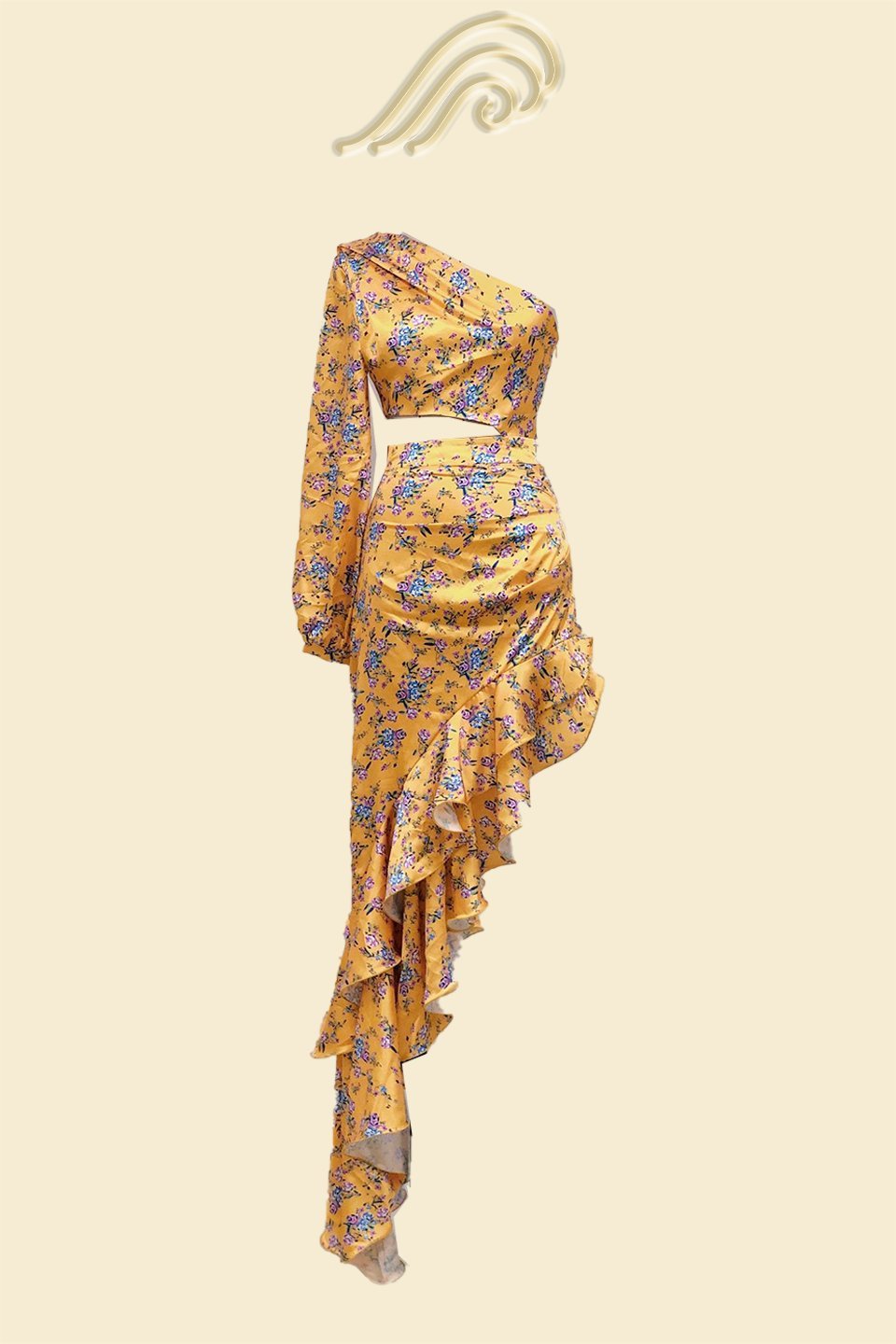 Pauline Laurent® | Robe longue asymétrique imprimée avec volants