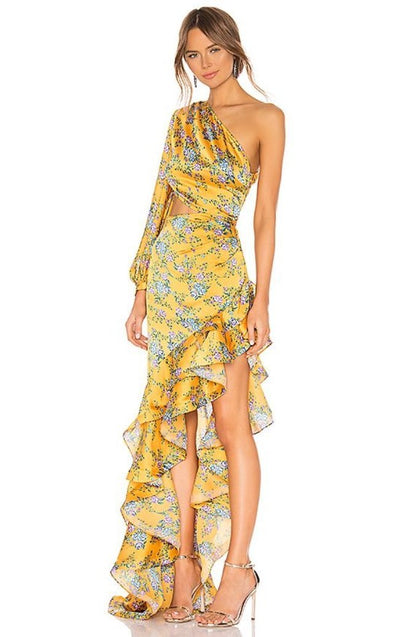 Pauline Laurent® | Robe longue asymétrique imprimée avec volants