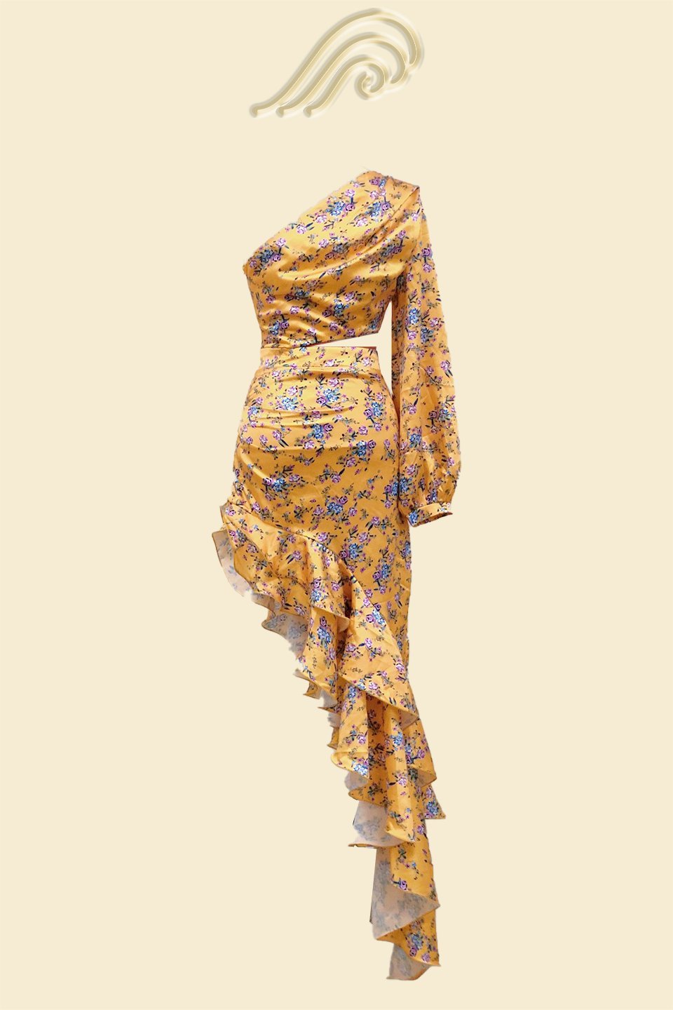 Pauline Laurent® | Robe longue asymétrique imprimée avec volants