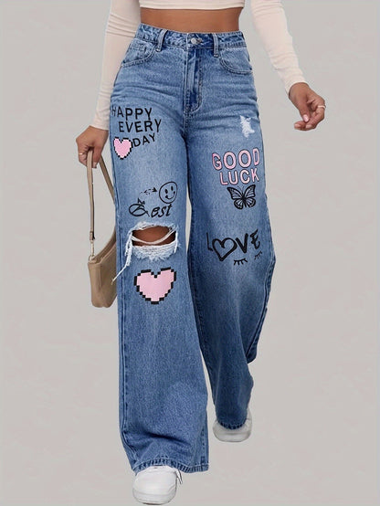 Jean en denim à taille haute et jambes larges avec imprimé graphique