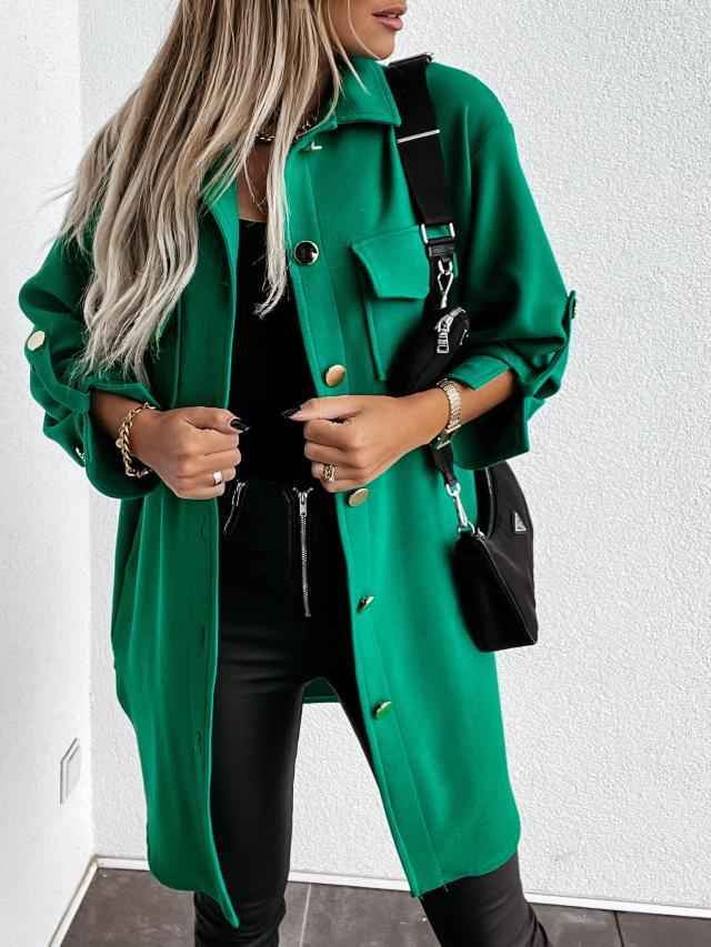 Veste-chemise longue confortable à boutons avec col et revers en laine