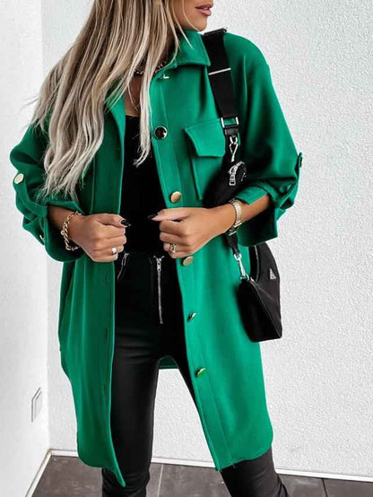 Veste-chemise longue confortable à boutons avec col et revers en laine