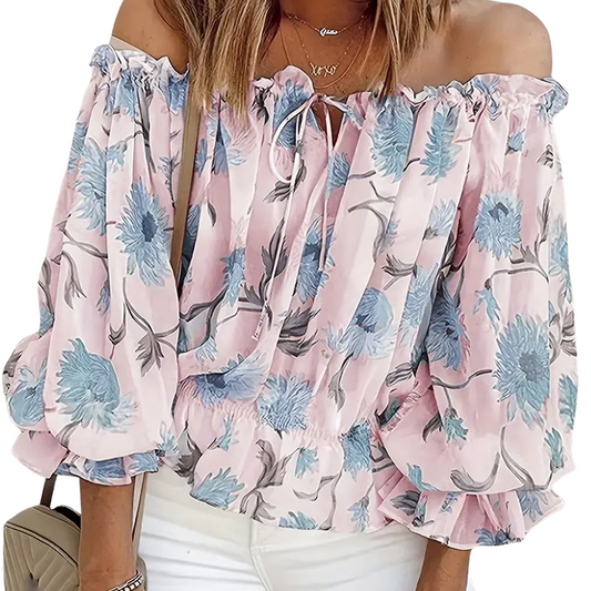 Blouse Carmen fleurie à épaules dénudées avec manches bouffantes
