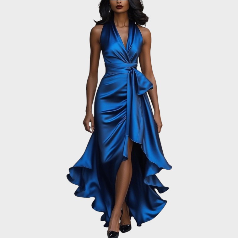Robe Bustier en Satin Nuit avec Détail à Volants
