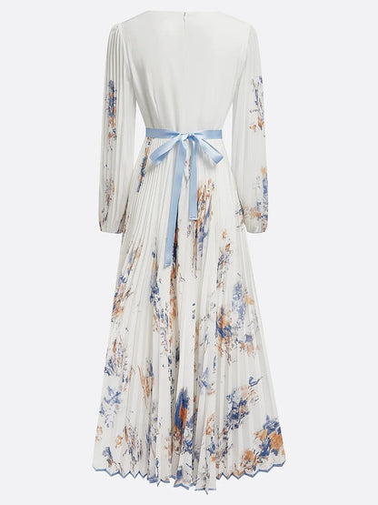Robe longue plissée en mousseline de soie à fleurs