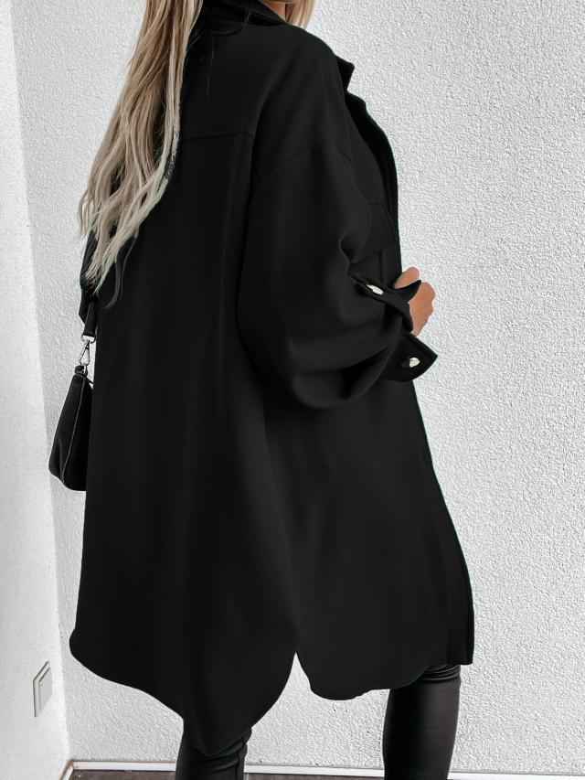Veste-chemise longue confortable à boutons avec col et revers en laine