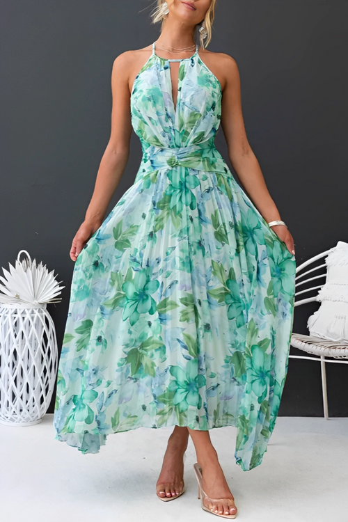 Robe Femme Chic Fluide Col Halter Fleurie Plissée