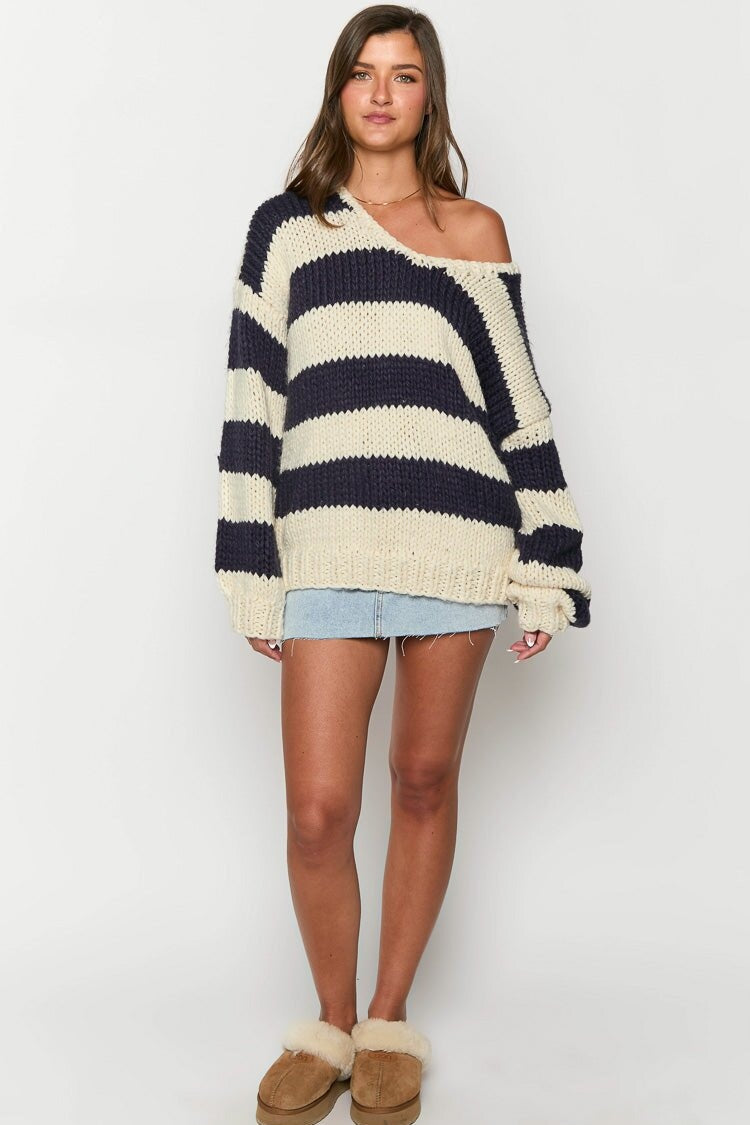 Pull en tricot à rayures, épaules dénudées, confortable pour les superpositions d'automne
