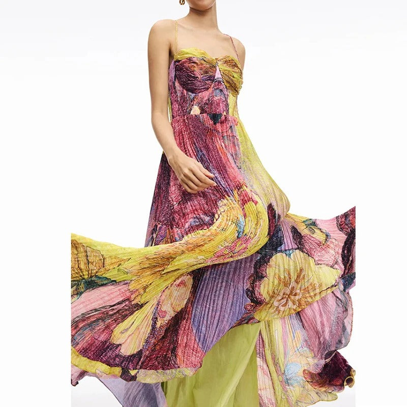 Robe Maxi Fleurie avec Encolure en Cœur et Détails Plissés