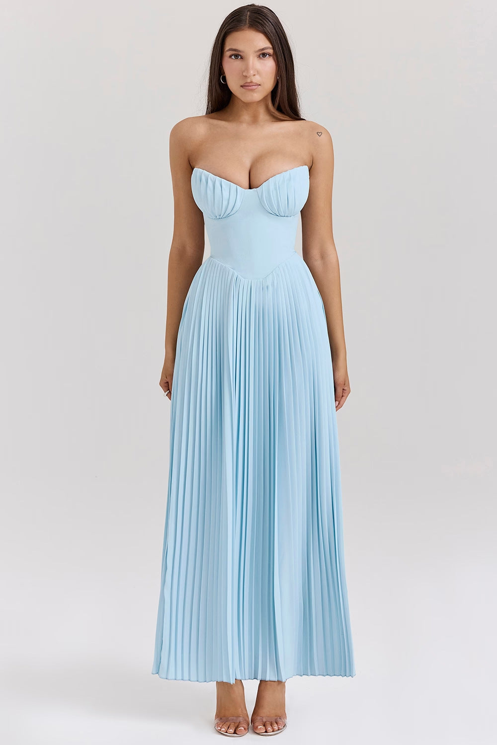 Robe Longue Plissée Sans Bretelles Fluide pour Femme