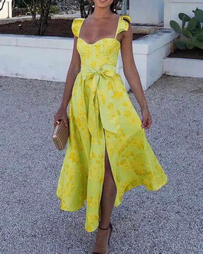 Robe Midi Sans Manches Florale Élégante Pour Femme Avec Ceinture
