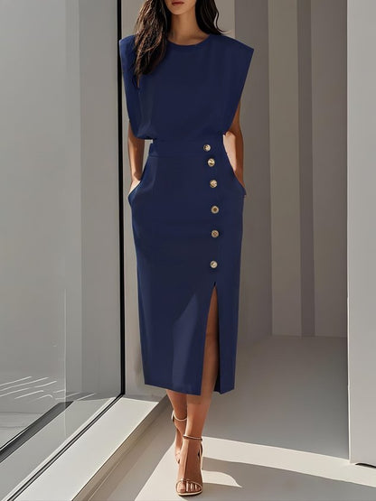 Floralia™ - Robe midi unie avec fente à boutons et décolleté rond