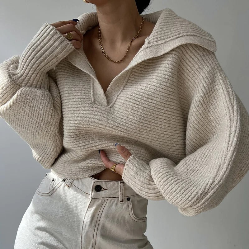 Pull en maille à manches lanterne confortables et col ouvert