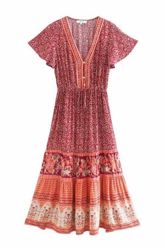 Pauline Laurent® | Robe midi imprimée avec décolleté en V