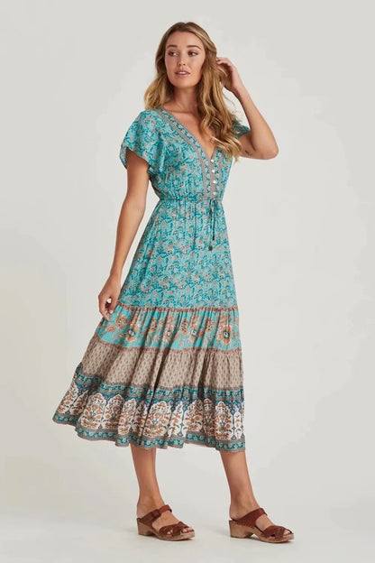 Pauline Laurent® | Robe midi imprimée avec décolleté en V