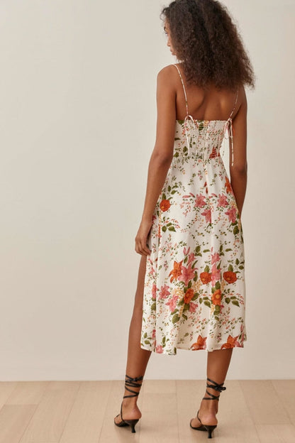 Pauline Laurent® | Robe midi imprimée avec fente et laçage