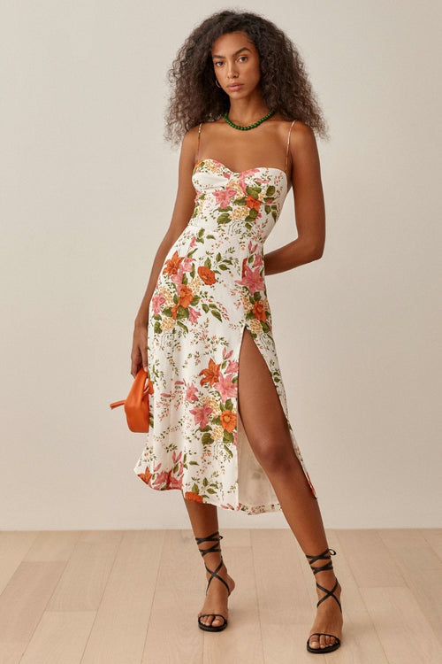 Pauline Laurent® | Robe midi imprimée avec fente et laçage