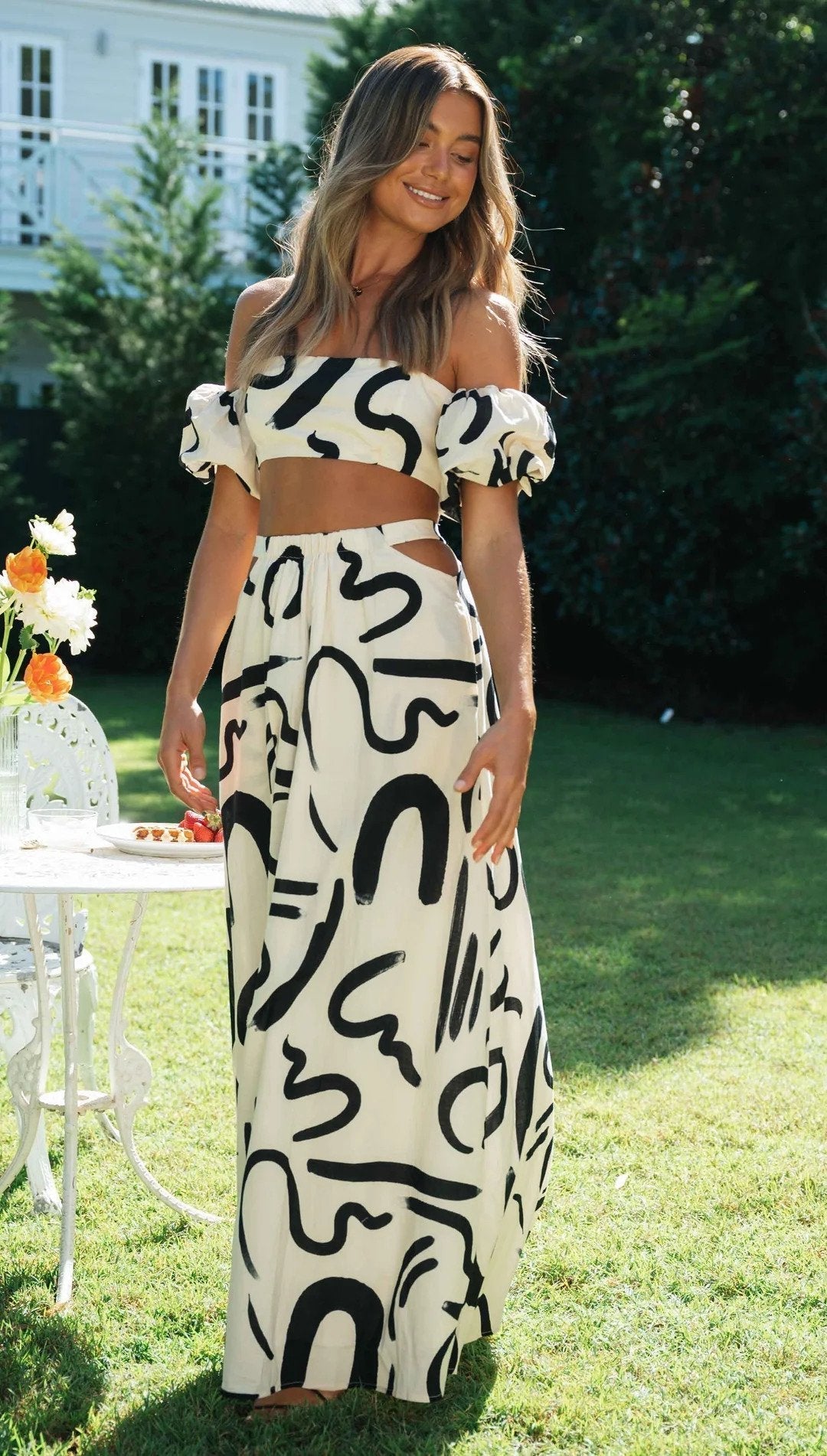 Ensemble Chic Haut Court Imprimé et Jupe Longue Pour Femme