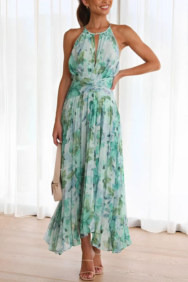 Robe Femme Chic Fluide Col Halter Fleurie Plissée