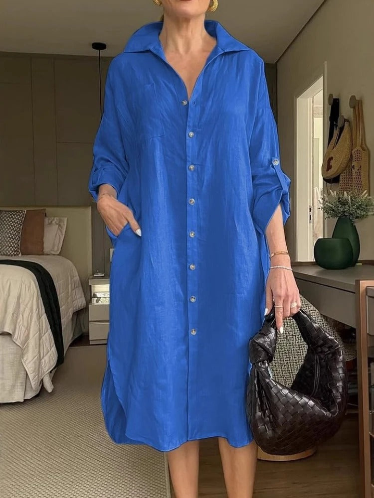 Robe décontractée en lin coton avec volants et encolure carrée