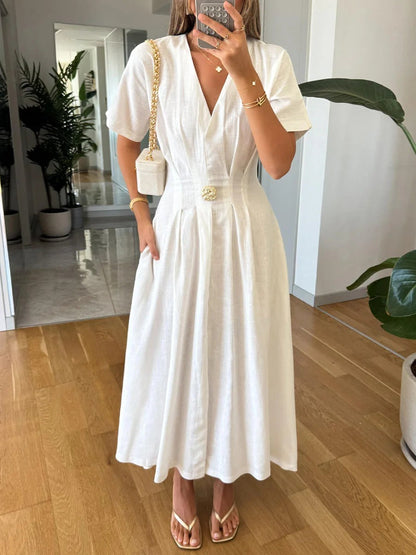 Robe décontractée en coton et lin à col en V et taille haute