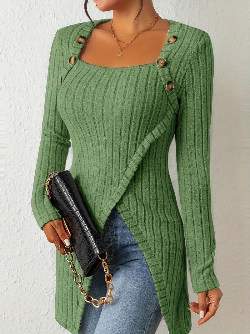 Top Asymétrique En Coton Avec Boutons et Côtes