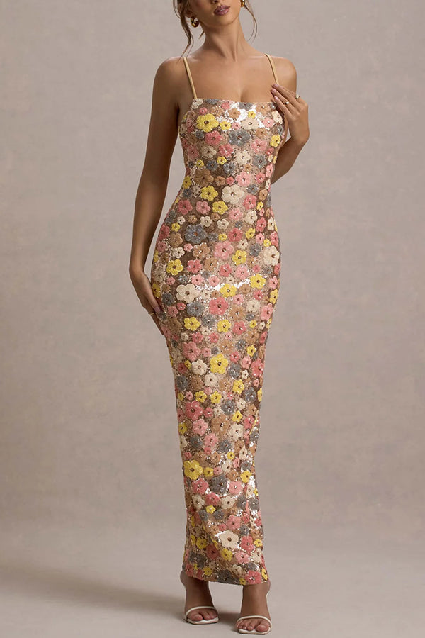 Robe longue extensible à paillettes florales des années 80 avec encolure carrée