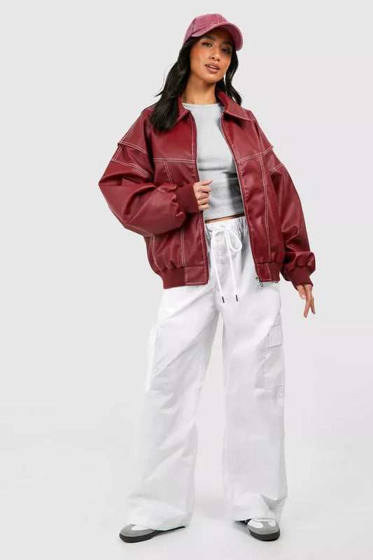 Veste de transition rouge surdimensionnée avec fermeture éclair et col rabattu