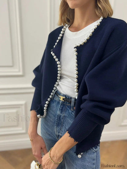 Cardigan en maille à bords déchirés avec bordure de perles