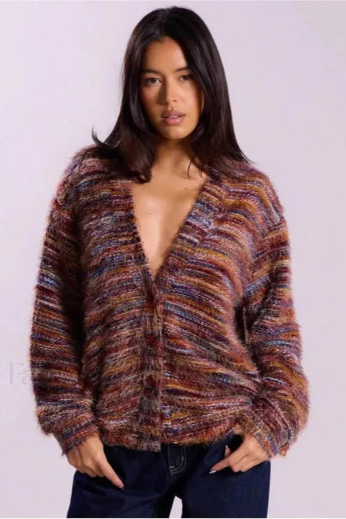 Cardigan tricoté vintage à rayures et col en V confortable