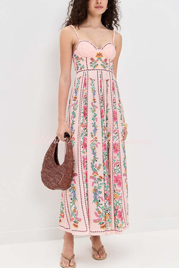 Robe maxi en mélange de lin avec bretelles en perles et décolleté en cœur