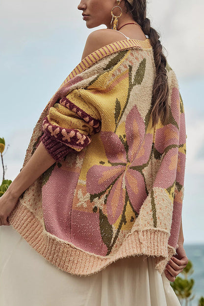 Cardigan en tricot floral confortable, coupe ample et manches longues