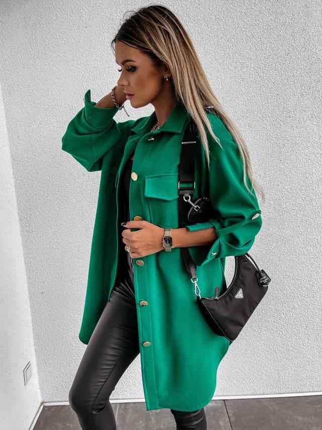 Veste-chemise longue confortable à boutons avec col et revers en laine