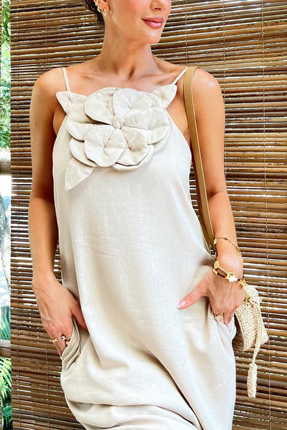 Sophie Paris® | Robe maxi fendue à poches ornée de motifs floraux en mélange de lin