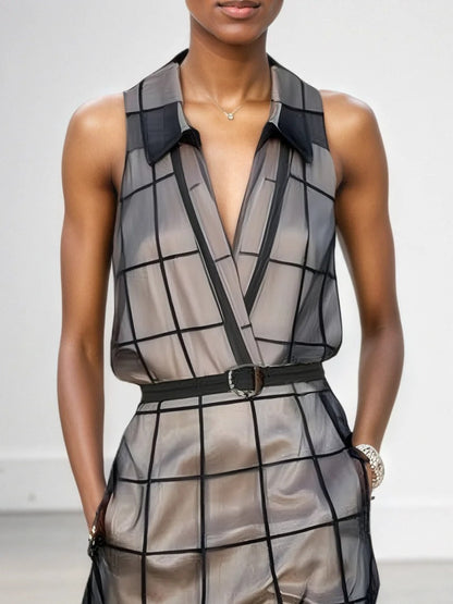 Robe longue à carreaux en tulle ceinturée