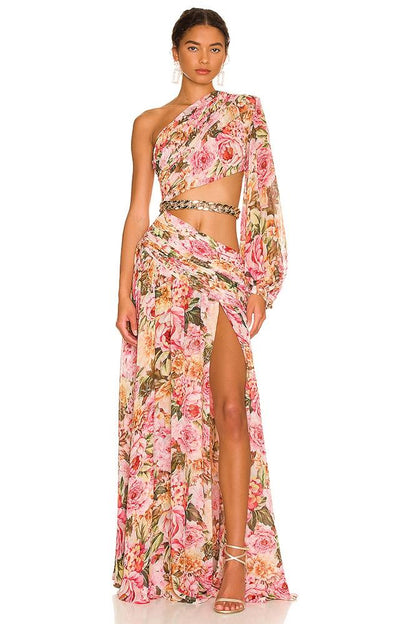 Pauline Laurent® | robe maxi asymétrique imprimée avec découpes