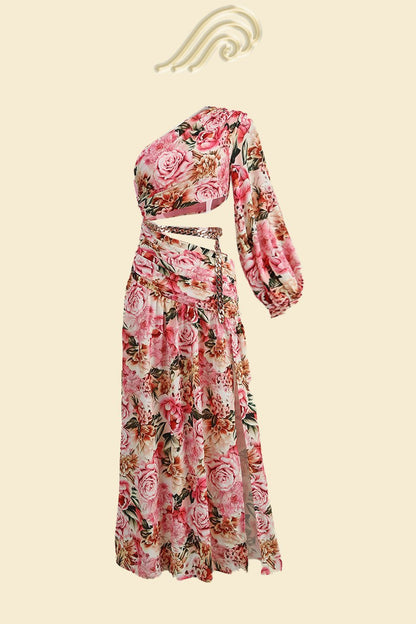 Pauline Laurent® | robe maxi asymétrique imprimée avec découpes