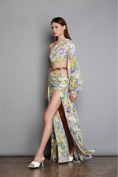Pauline Laurent® | robe maxi asymétrique imprimée avec découpes
