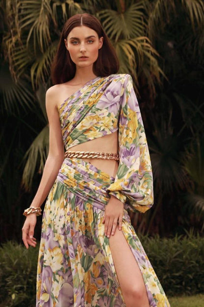 Pauline Laurent® | robe maxi asymétrique imprimée avec découpes