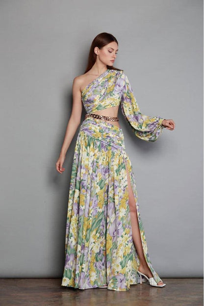 Pauline Laurent® | robe maxi asymétrique imprimée avec découpes