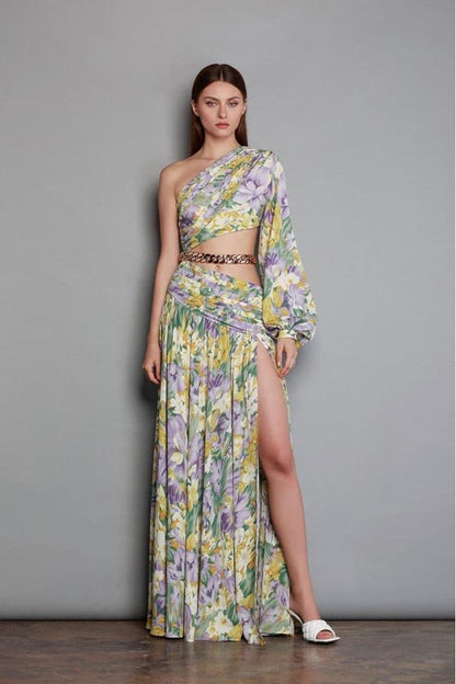 Pauline Laurent® | robe maxi asymétrique imprimée avec découpes