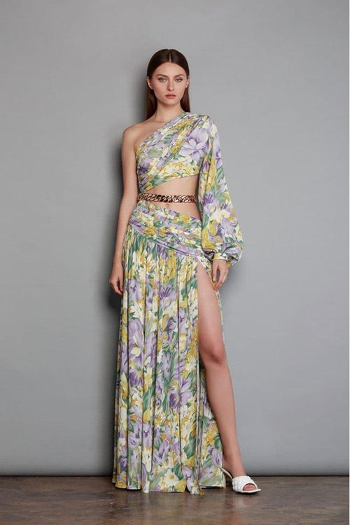 Pauline Laurent® | robe maxi asymétrique imprimée avec découpes