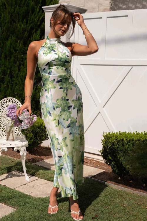 Pauline Laurent® | Robe midi imprimée en satin dos-nu