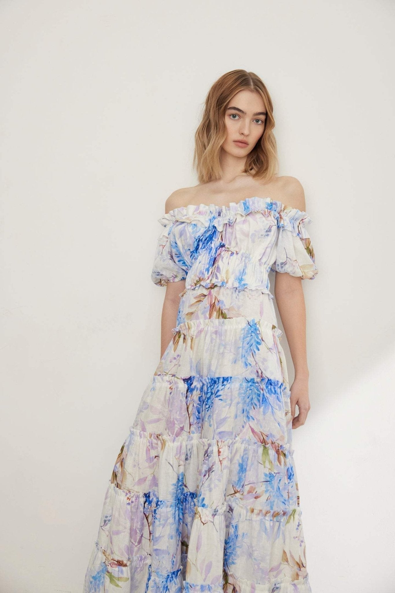 Pauline Laurent® | robe maxi à volants imprimés couleur bruyère